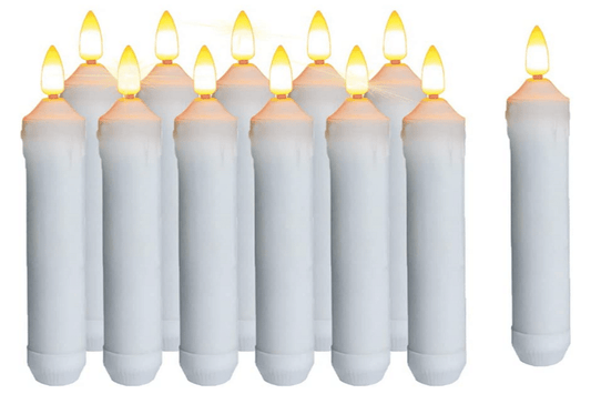 Flamelike Candles - Set of 12 Flameless Taper Candles - Flickering Flame - Battery Operated. Indoor/ Outdoor
